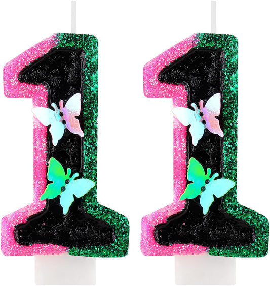 Birthday Number 11 Candles Pink Black and Green Butterfly Birthday Candles for Glitter Cake Topper with Sequins Decorations Girls Women Witch Theme Anniversary Celebrations Supplies
