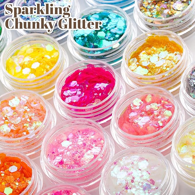 LEOBRO Chunky Glitter, 24 Colors Iridescent Glitter for Crafts, Resin, Sequins for Crafts, Tumblers, Hair Face Body Nail, DIY Party Decorations