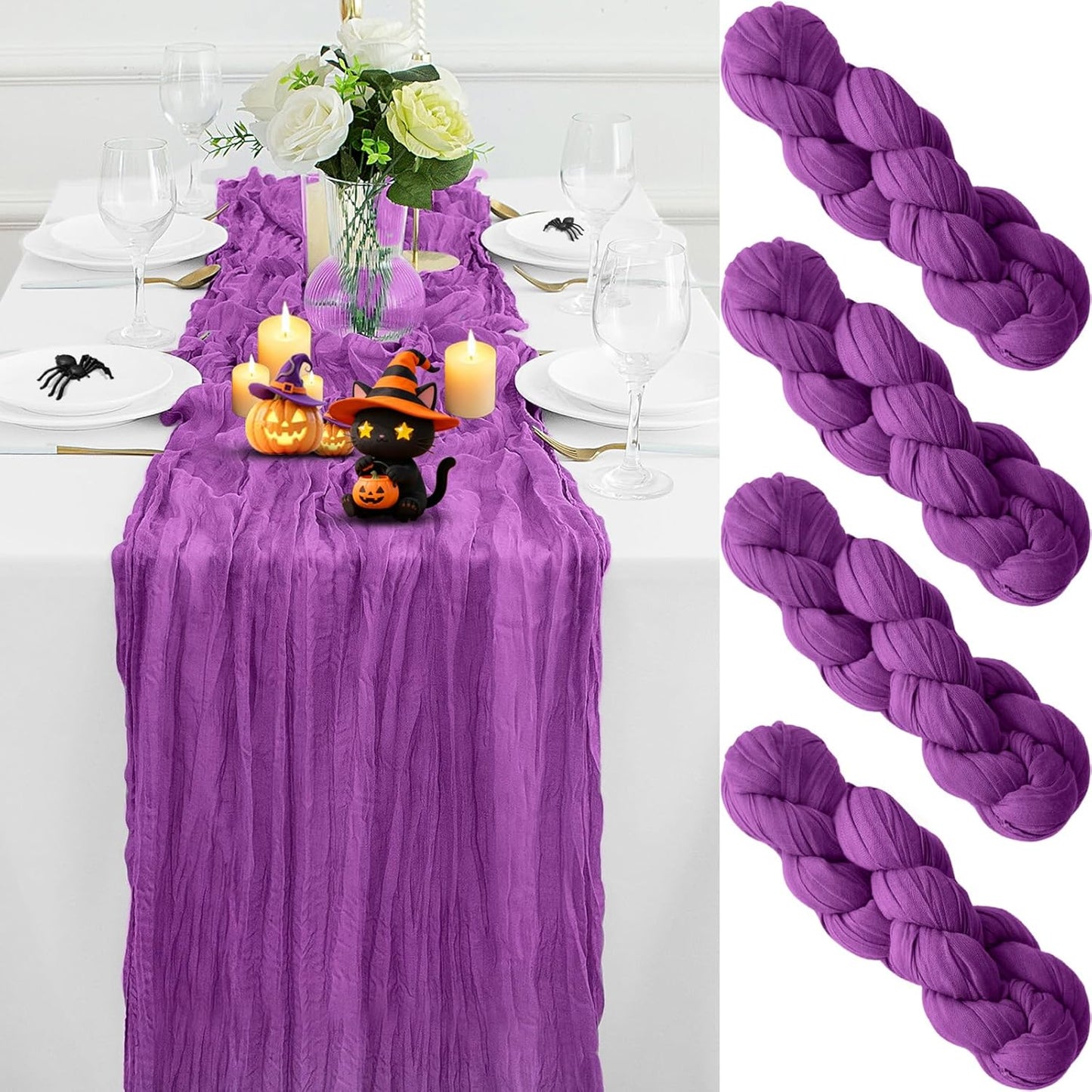 4Pack Purple Table Runner 10FT Cheesecloth Table Runner 35x120Inch Long Boho Cheese Cloth Table Runners Rustic Gauze Table Runners for Party Wedding Bridal Shower Baby Shower Decorations