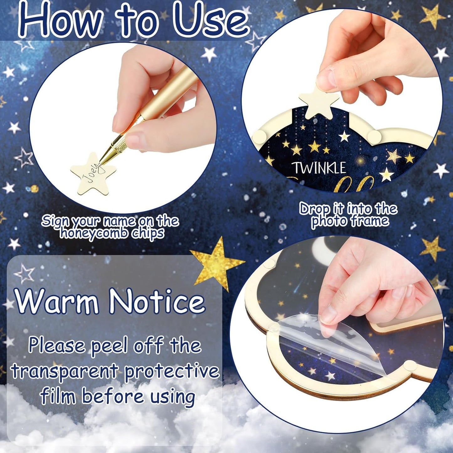 Wenqik 63 Pcs Moon and Star Baby Shower Guest Book Alternatives Set Baby Shower Decorations with Photo Frame Sonogram Frame Keepsake 60 Wood Slices Guest Book for Birthday