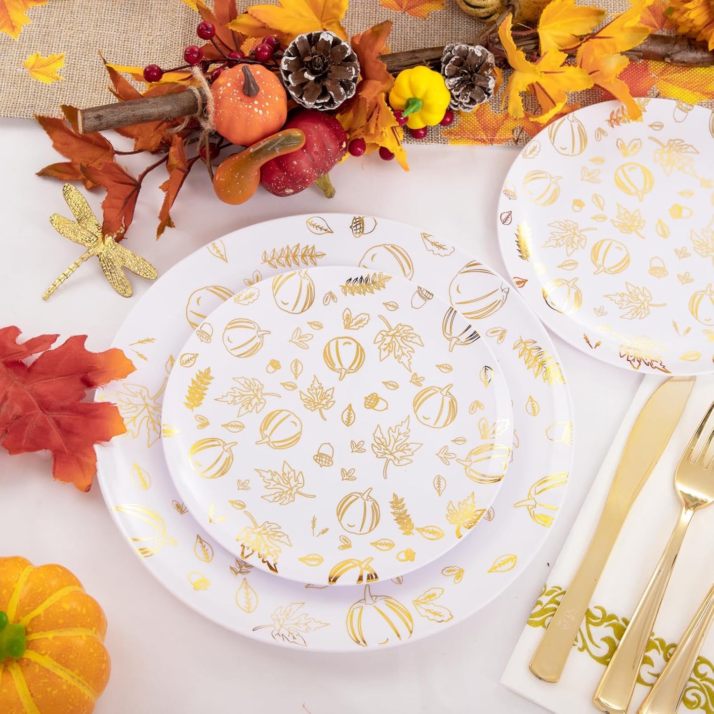 Supernal 175pcs Thanksgiving Plastic Dinnerware Set,Thanks Plates,Plastic Plates for Party,Gold Pattern Design,Gold Disposable Silverware,Disposable Cups and Napkins Perfect for Thanksgiving