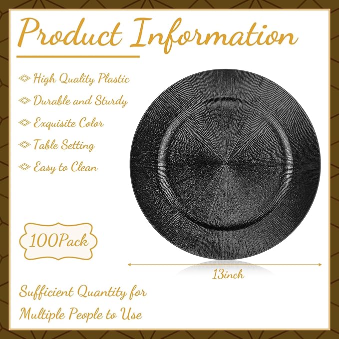 Tanlade 100 Pcs Charger Plates Bulk, 13 Inch Plastic Round Charger Dinner Plates Elegant Wedding Serving Plate for Event Tabletop Wedding Party Bridal Baby Shower Decor (Black)