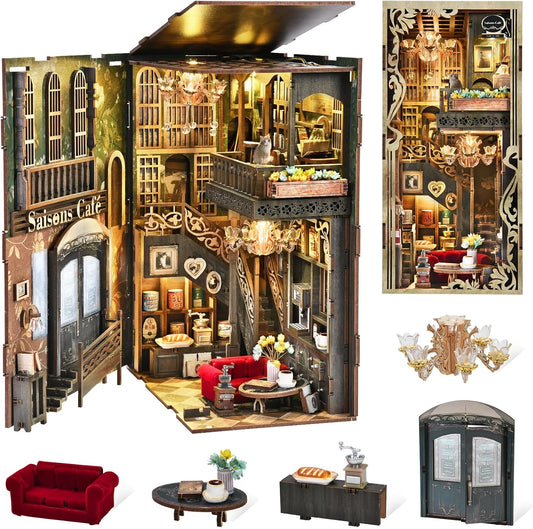 Book Nook Kit, DIY Miniature Dollhouse Kit 3D Puzzles for Adults Tiny House Mini Home Craft Bookshelf Nook Puzzle Book Decor Gifts for Teenagers Book Lovers (Saisons Café)