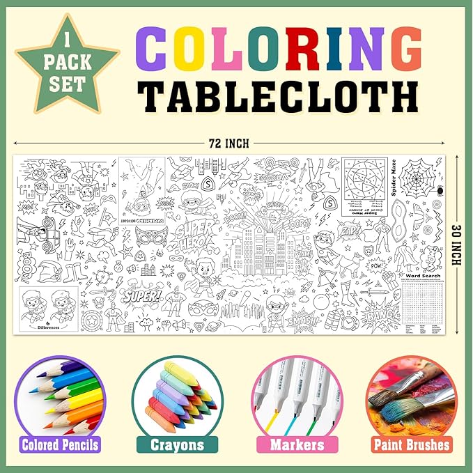 Superhero Coloring Tablecloth, Coloring Table Cloth 30x72 Inch, Superhero Giant Coloring Poster with Capes, Masks, Perfect for Birthday Party Games, Action-Themed Decorations