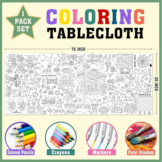 Superhero Coloring Tablecloth, Coloring Table Cloth 30x72 Inch, Superhero Giant Coloring Poster with Capes, Masks, Perfect for Birthday Party Games, Action-Themed Decorations