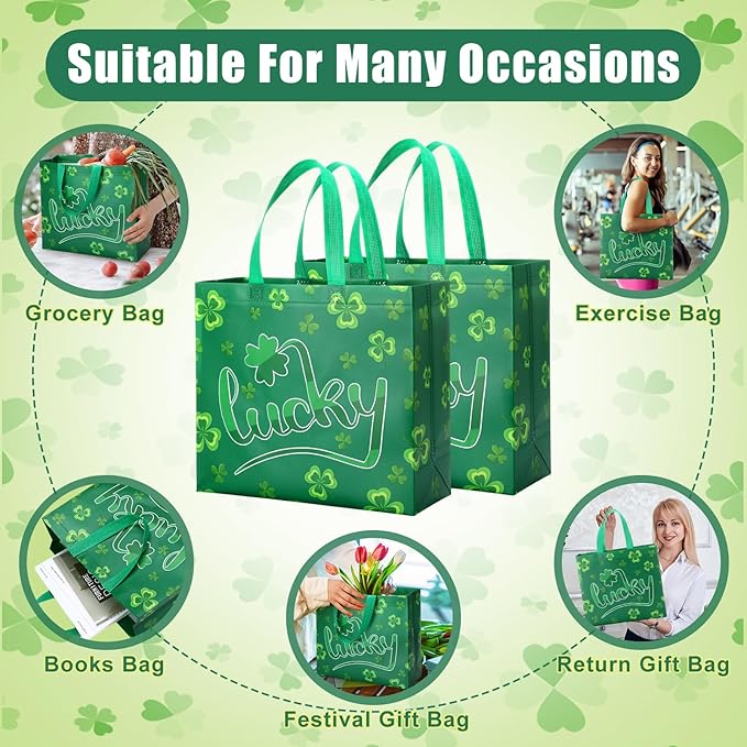 Abbylike 30 Pack St Patrick's Day Lucky Gift Bag Bulk Large Irish Gift Shamrock Clover Non Woven Goodie Bag for Party Favor
