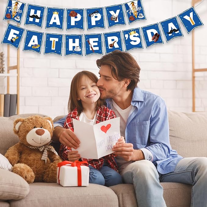 Happy Fathers Day Banner, Father's Day Banners, Blue Happy Daddy Day Sign Bunting Banner Garland for Fathers Day Home, Office, Fireplace, Wall Decor and Party Decorations Supplies Favors Props