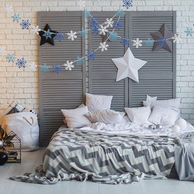 Zonon 3 Pieces Snowflake String Garland Winter Party Decoration White Blue and Light Blue Snowflake Banner Hang Decoration for Christmas Holiday Party, Winter Carnival Snow Themed Gatherings