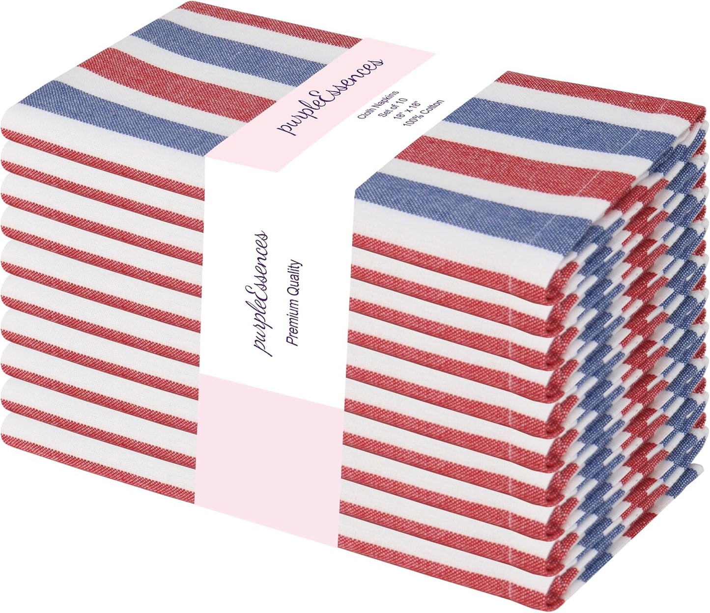 PurpleEssences 4th of July Plain Striped Cloth Napkins - Set of 12-100% Cotton - 18 x 18 Inch - Perfect Everyday Use Dinner Napkin - Labor Day- Red Blue White