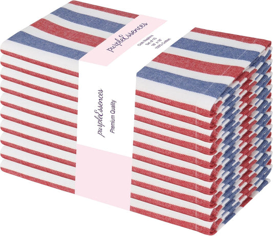 PurpleEssences 4th of July Plain Striped Cloth Napkins - Set of 12-100% Cotton - 18 x 18 Inch - Perfect Everyday Use Dinner Napkin - Labor Day- Red Blue White