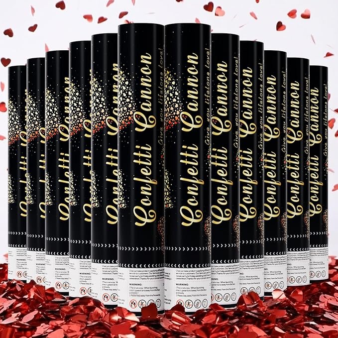 Red Heart Confetti Cannons 12 Pack, 12" Romantic Party Poppers with Metallic & Tissue Red Confetti for Valentine’s Day, Engagement, Wedding, Anniversary, Bridal Shower & Bachelorette Celebrations