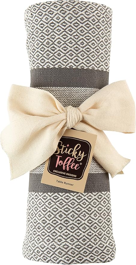 Sticky Toffee Cotton Table Runner, 14 x 72 Inch, Gray Woven Farmhouse Boho Striped Table Décor for Kitchen or Dining