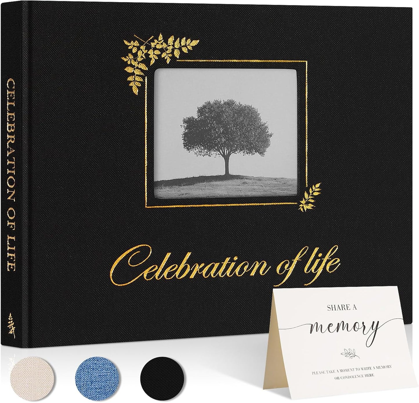 Lanpn Funeral Guest Book for Memorial Service, Linen Celebration of Life Registry Guest Book with Open Window, Memory Book for Funeral with Table Sign, Funeral Favors Sign in Books for Guests, Black