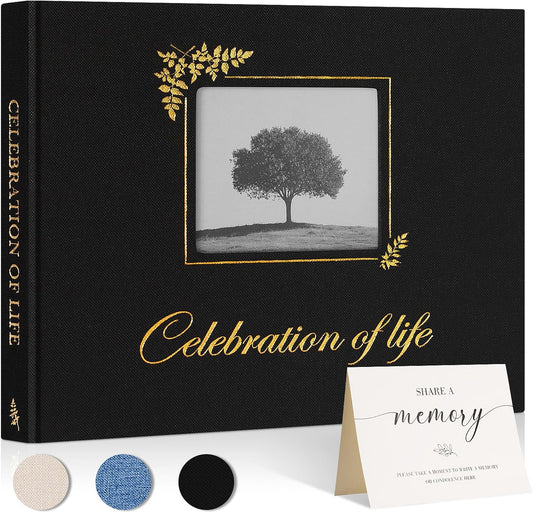 Lanpn Funeral Guest Book for Memorial Service, Linen Celebration of Life Registry Guest Book with Open Window, Memory Book for Funeral with Table Sign, Funeral Favors Sign in Books for Guests, Black