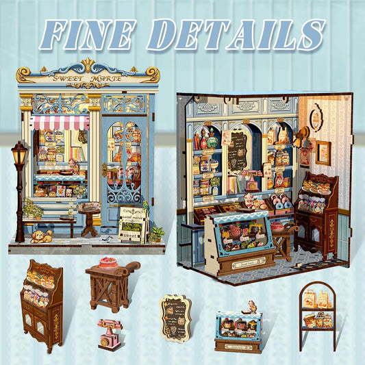 Fsolis Book Nook Kit - DIY Bookshelf Miniature Kit for Adults, 3D Puzzle Booknook Bakery Tiny House Adult Craft Gifts for Women Teenagers Book Lovers (Sweet Marie)