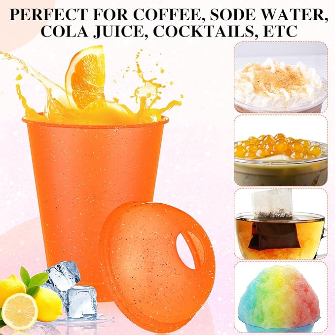 6 Set Slushie Cups with Dome Lids and Straws Detachable Spoon Straws Reusable Plastic Iced Coffee Cups Smoothie Tumbler for Birthdays Summer Party Supplies(Orange,16 oz)