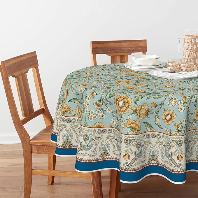 Horaldaily Floral Bordered French Tablecloth 90×90 Inch Round, Bird Floral Vintage Washable Seasonal Table Cover for Party Picnic Dinner Decor