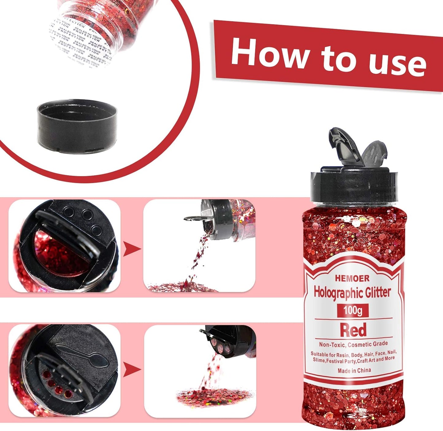 HEMOER Red Glitter, 100g/3.5oz Holographic Chunky Glitter Mixed Hexagon Chunky & Fine Flakes Iridescent Sequins for Epoxy Crafts, Resin, Nail Body, Tumblers, Festival Party