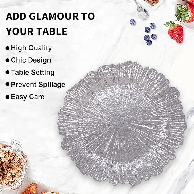 MAONAME 13" Silver Charger Plates Set of 50, Reef Plate Chargers Bulk, Round Charger for Dinner Plates, Plastic Table Chargers for Wedding Decor