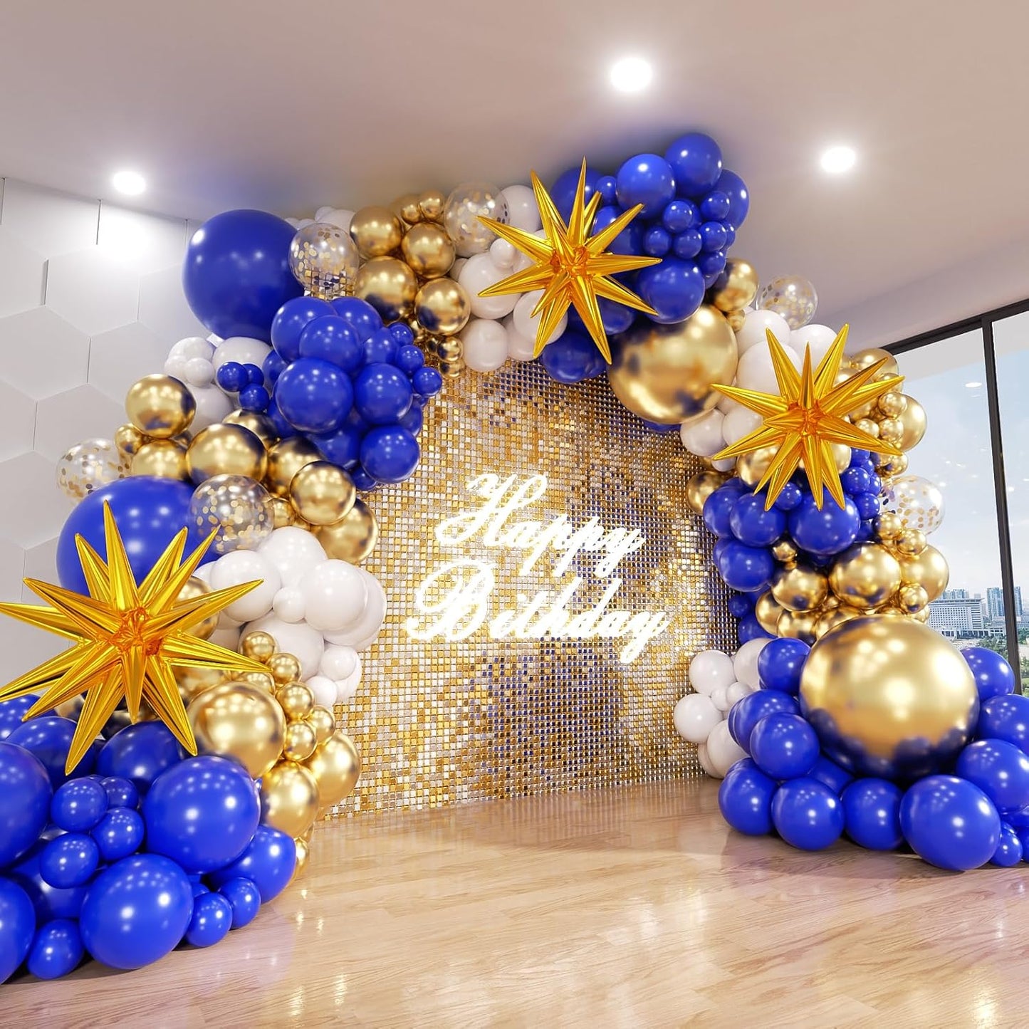 Blue and Gold Balloon Arch Kit, Explosion Star Royal Dark Blue and Metallic Gold White Balloons 22 18 12 10 5 Inch Different Size Balloons for Anniversary Wedding New Year Birthday Decorations