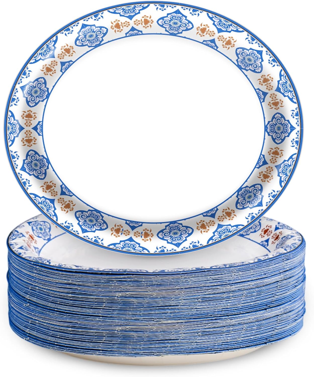 50Pcs Blue Floral Oval Plates 10"x 12", Large Disposable Paper Plates, Heavy Duty Flower Plate Tableware for Family Gathering, Dinner Time, Birthday, Wedding, Holiday Party Serving Supplies