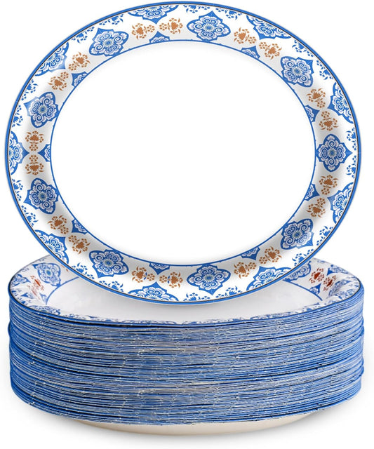 50Pcs Blue Floral Oval Plates 10"x 12", Large Disposable Paper Plates, Heavy Duty Flower Plate Tableware for Family Gathering, Dinner Time, Birthday, Wedding, Holiday Party Serving Supplies