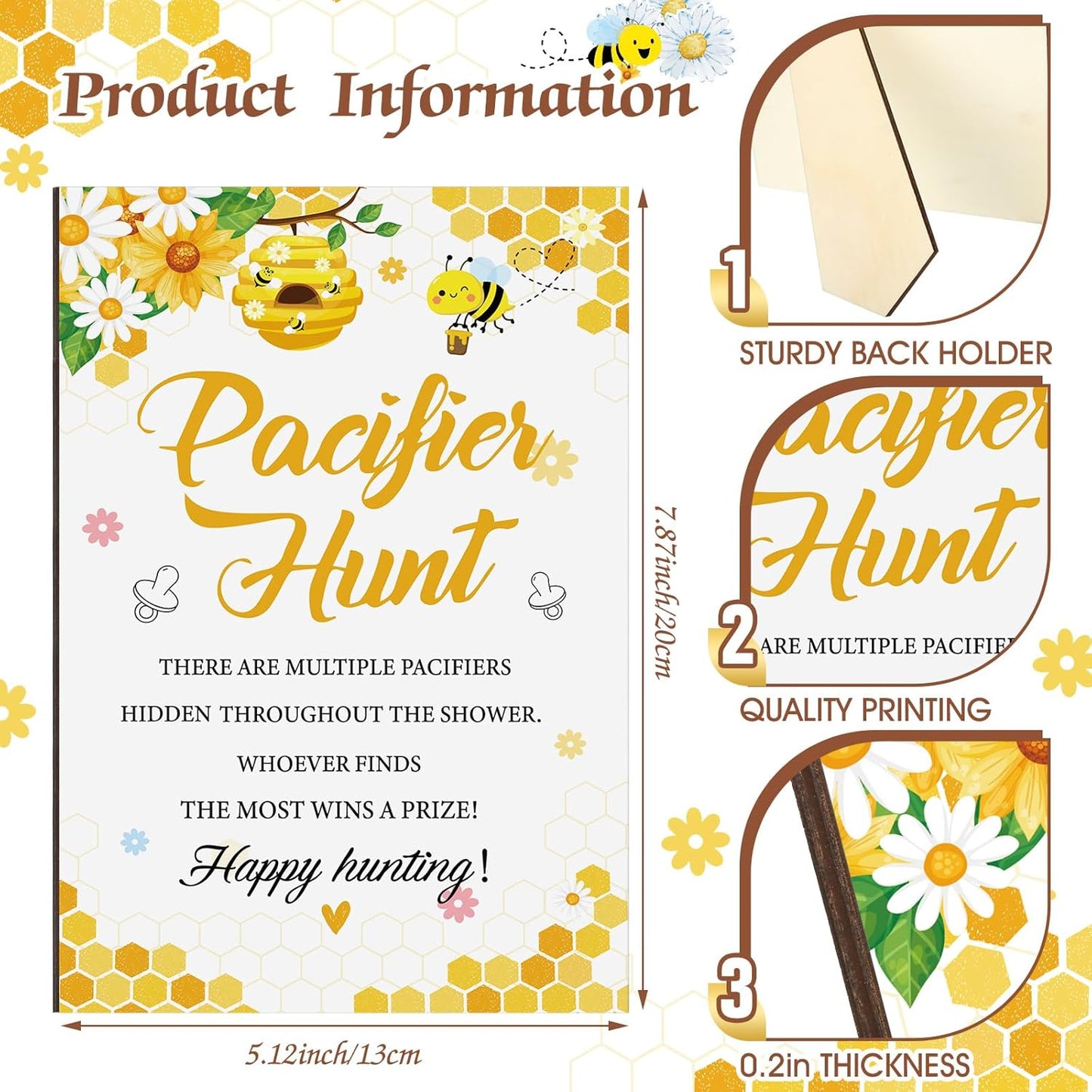 Thyle 51 Pcs Pacifier Hunt Baby Shower Games Include Hunt Sign and 50 Acrylic Pacifiers for Baby Shower Game Decoration Gift Sets Gender Reveal Party Decor(Bee)
