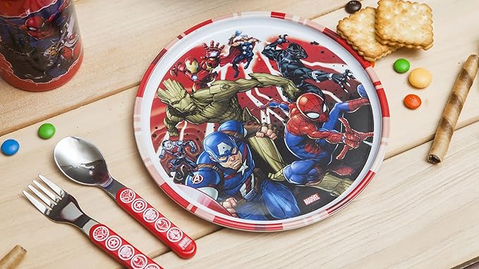Zak Designs 5-Piece Dinnerware Set, Marvel Universe - Durable Plastic & Stainless Steel - Includes Water Bottle, 8-Inch Plate, 6-Inch Bowl, Fork & Spoon - Suitable for Kids Ages 3+