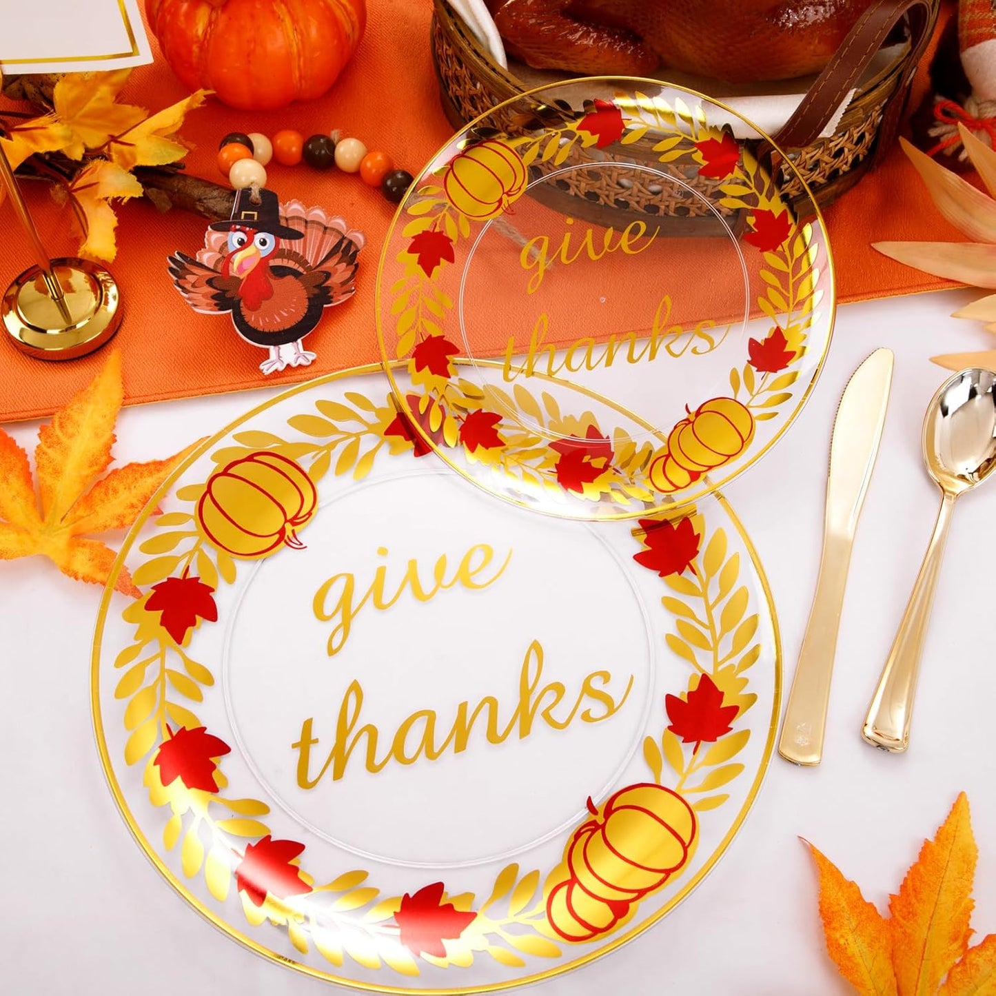 Rubtlamp 60 Pcs Thanksgiving Plastic Plates, Clear Gold Disposable Plates, Red Gold Thanksgiving Party Plates Includes 30 Pcs 10.25” Gold Dinner Platos, 30 Pcs 7.5”Clear Dessert Platos for Autumn