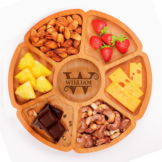 Custom Engraved Bamboo 9" Serving Tray – Personalized 7-Divided Flower Petal Platter, Perfect for Snacks, Appetizers, Charcuterie, Parties, Weddings, Housewarming, and Entertaining Gifts