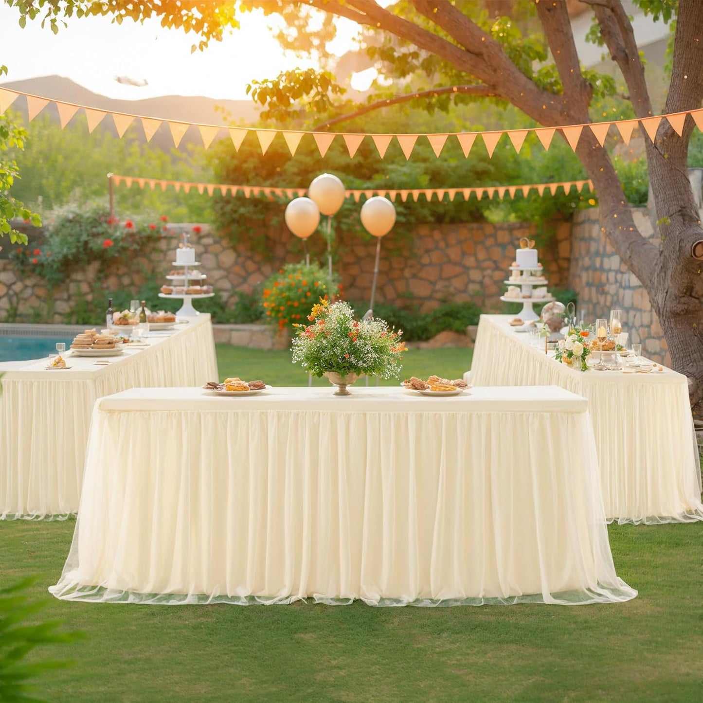 4 Pack 6ft Champagne Tulle Tablecloths for Rectangle Tables, 72 x 30 Inch Rectangular Table Cloth, Wrinkle Free Table Cover with Tutu Skirt for Wedding Birthday Party Banquet Buffet Decorations