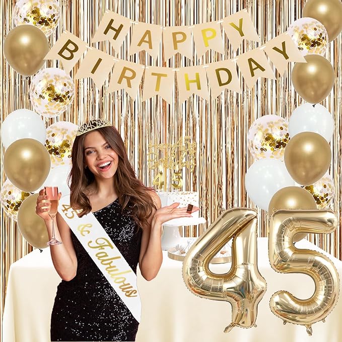 Trgowaul 45th Birthday Decorations for Women, Banner, Sash and Crown, Cake Topper, 45 Number Balloon, Fringe Curtains, Champagne Gold 45th Birthday Party Supplies