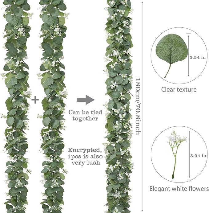 KHOYIME Eucalyptus Garland with White Flowers, 4 Packs 5.9Ft Artificial Silver Dollar Eucalyptus Leaves Plant Fake Greenery Hanging Ivy Vines Faux Wreath for Wedding Arch Party Mantle Table Home Decor