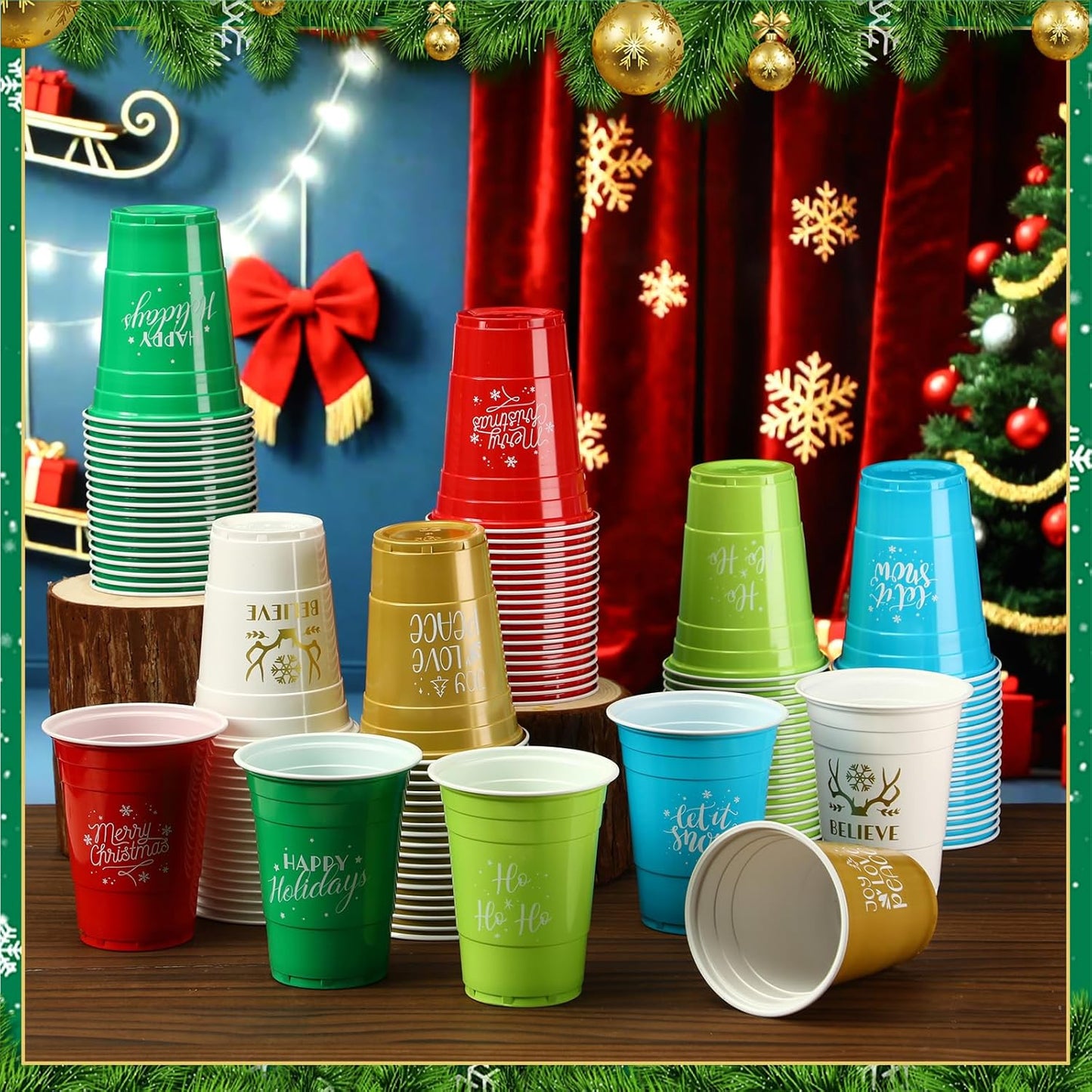 Sliner 120 Pcs 16 oz Christmas Plastic Disposable Cups Bulk Snowflake Elk Star Christmas Tree Drinking Cups for Xmas Birthday Party Supplies (Multicolor)