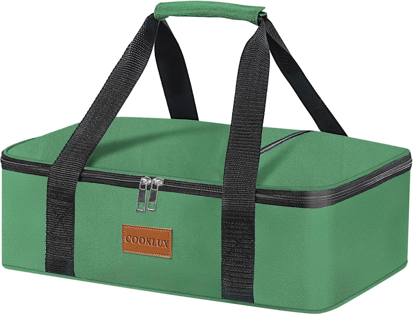 Insulated Casserole Carrier - Insulated Thermal Carry Bag for Hot or Cold Food, 9"X13" Casserole/Baking Dish Carrier for Travel/Party, Durable Nylon, Green, Single Layer with Zip Pockets