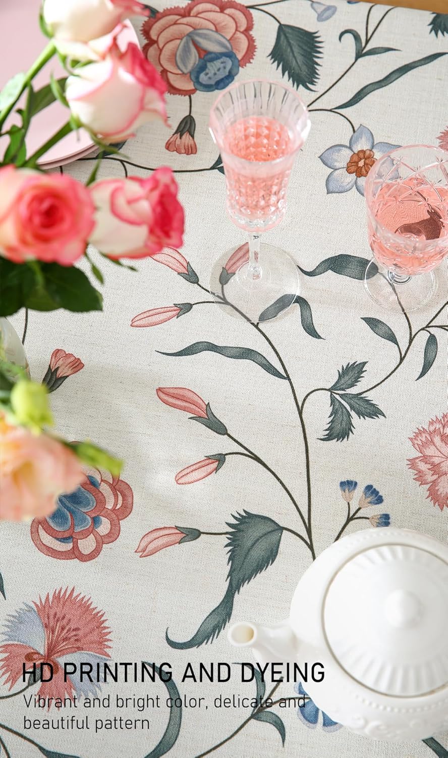 ISAENNE Designer Chinoiserie Linen Floral Small Rectangular Tablecloth,White Wrinkle Resistant Table Cloth,Elegant Decor Tablecloths for Dining Thanksgiving Kitchen Party,55"*71"-Daffy