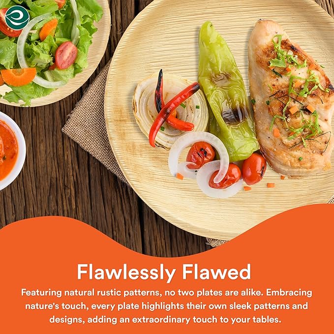 ECO SOUL 8 Inch Disposable Palm Leaf Plates [100 Pack] Premium Food-Safe Heavy Duty Compostable Bamboo Paper Plates for Lunch, Dinner, Birthday, Weddings, Party, Camping & Catering Events [Round]
