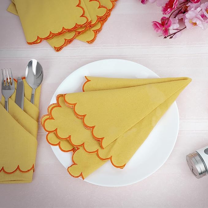 FINGERCRAFT Cloth Napkins, Everyday Use Reversible Scallop Design, Premium Quality Cotton Linen Blend Napkin Set of 6 Perfect for Parties Dinners Weddings Easter Napkin Cloth 20x20 Inch Gold