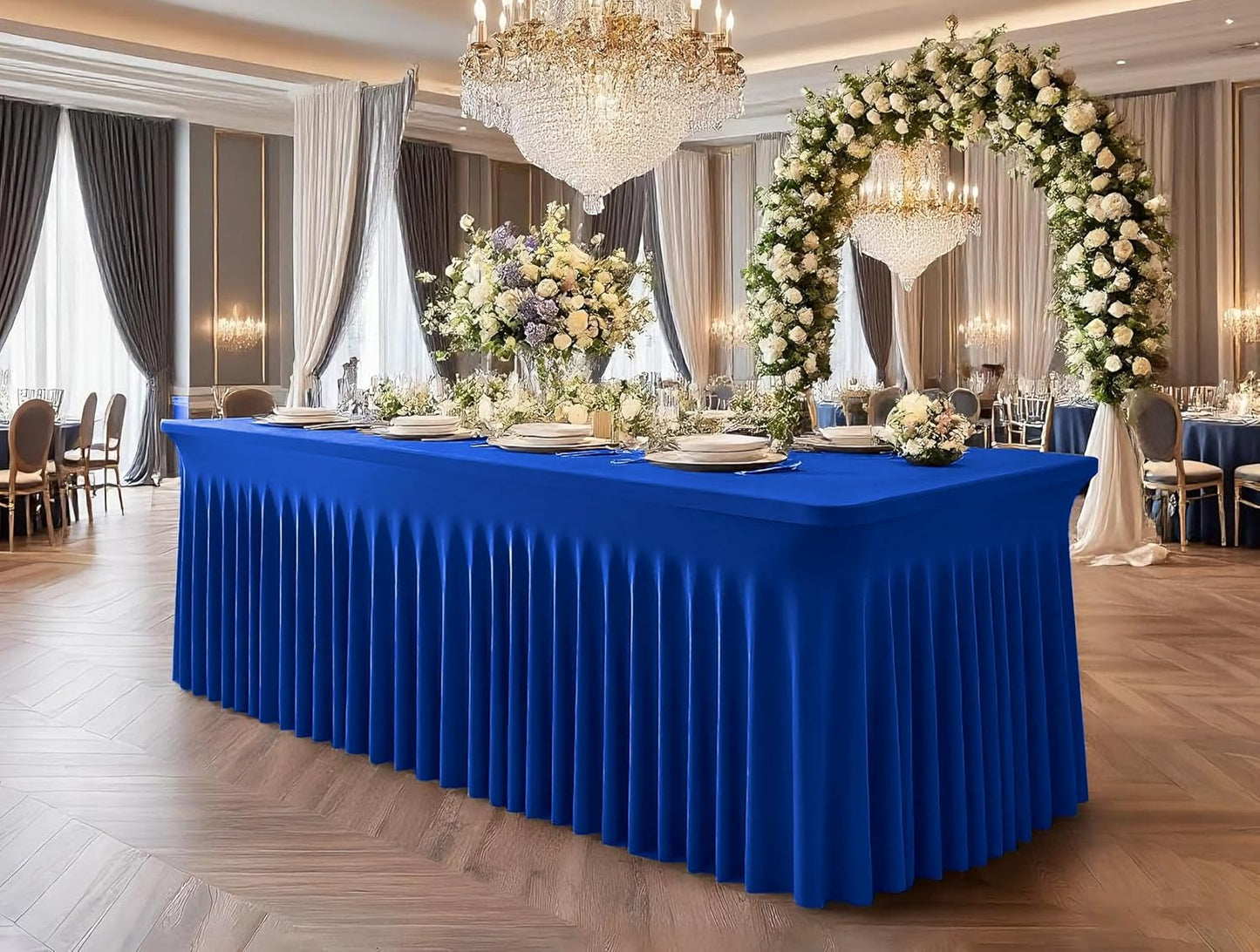 2 Packs Royal Blue Stretch Table Skirts for 8 Foot Rectangle Table, Washable Spandex Stretch Tablecloths with Skirt, Wrinkle Resistant Fitted Tablecover for Wedding Party Banquet