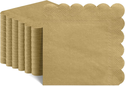 120 Pcs Cocktail Napkins Gold Napkins Disposable Scalloped Dessert Beverage Napkin Gold Party Napkin for Wedding, Birthday, Celebrate, 5 x 5 Inch