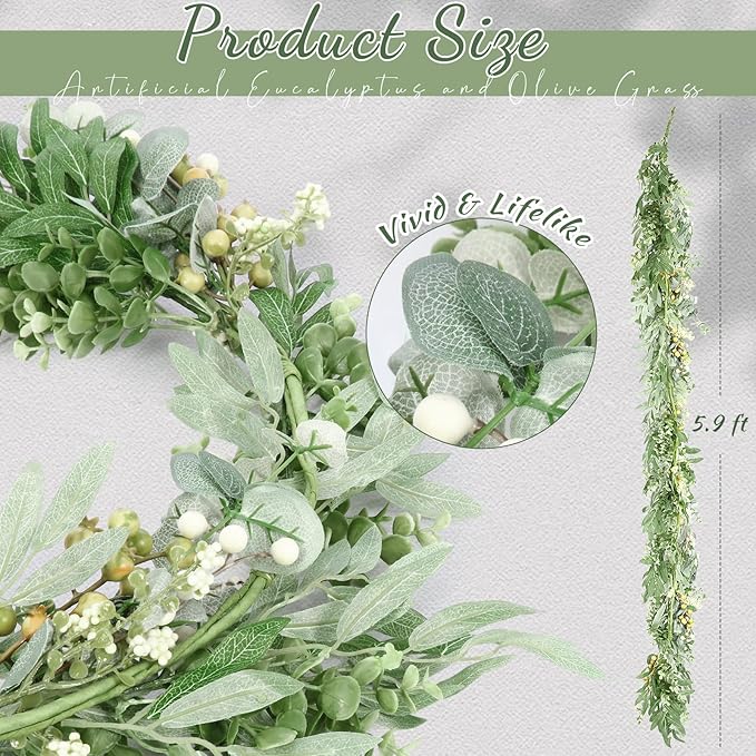Giegxin 1 Pack Wedding Faux Eucalyptus and Olive Greenery Garland, 5.9 ft Artificial Vines Hanging Eucalyptus Leaves Mixed Berry Wreaths for Wedding Arch Wall Doorways Table Runner Decoration
