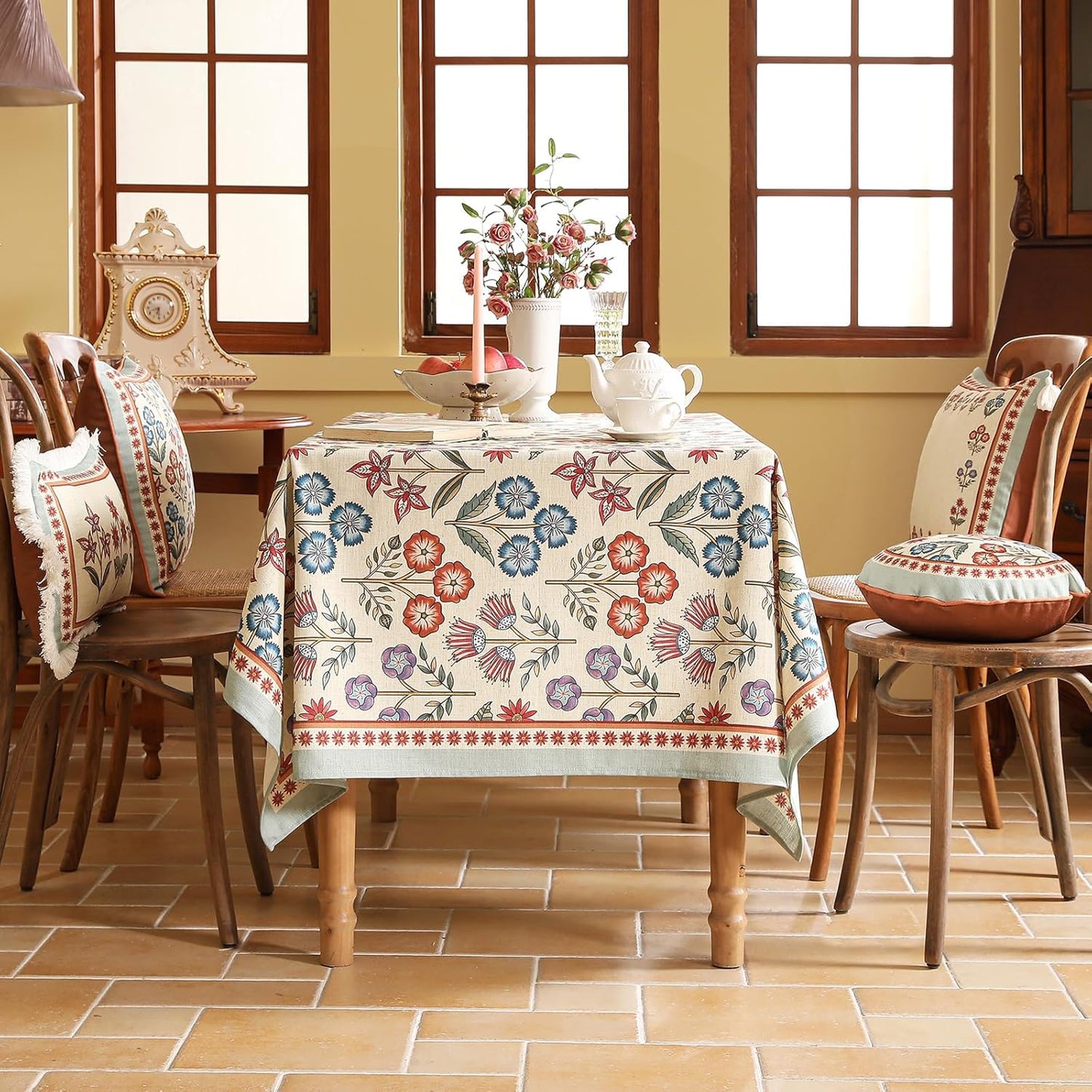 French Linen Rectangle Tablecloth,Vintage Colorful Multiple Prints Soft and Durable Tablecloths,Decor Table Cover for Kitchen,Dining,Tea Party,Thanksgiving,Christmas,63"*87"-Lohi
