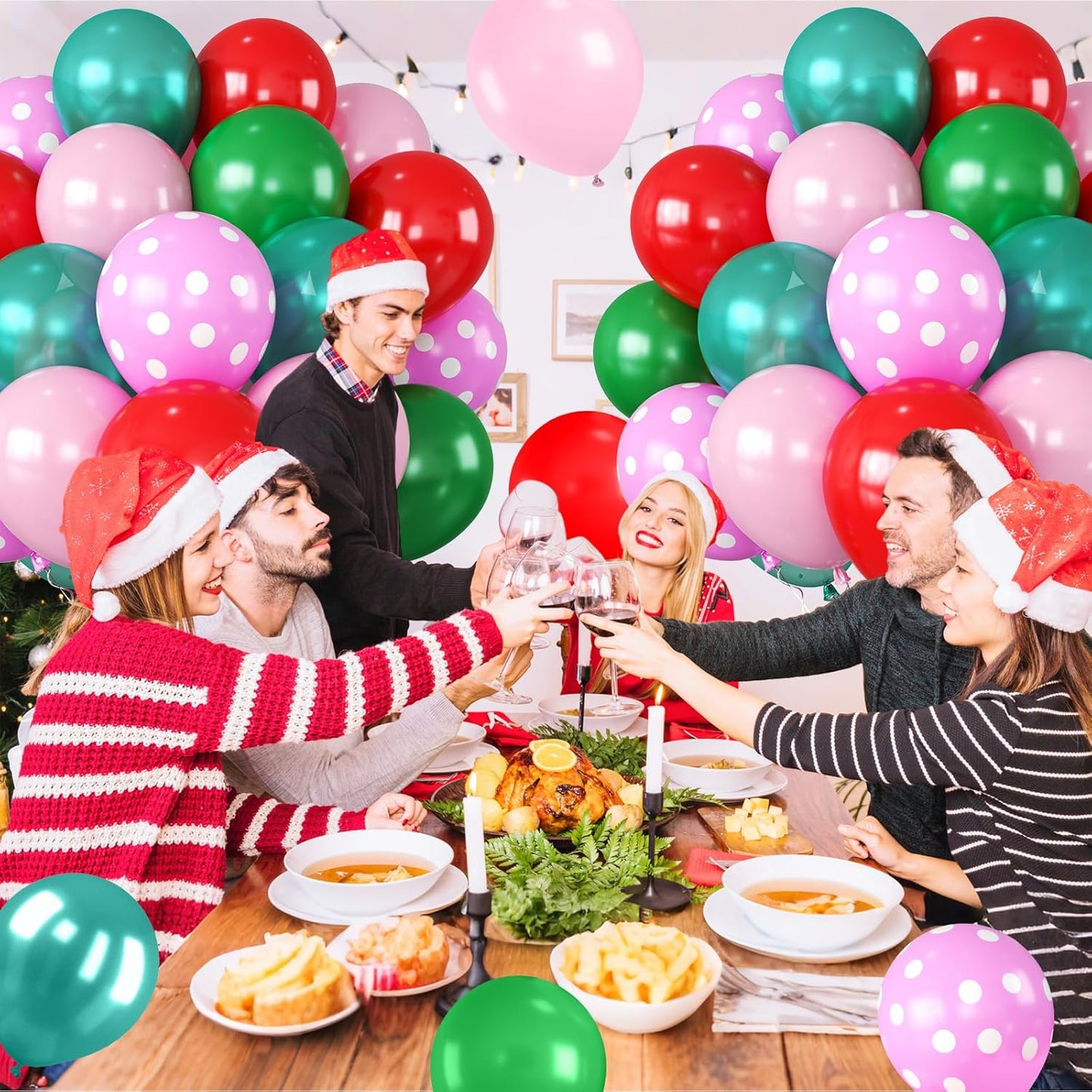 Christmas Balloons, Red Pink Green Balloons with Pink Polka Dots Print Balloon, Pearl Turquoise Blue Dark Green Xmas Party Balloon for Christmas Birthday Carnival New Year Holiday Party Decorations