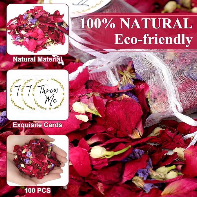 Suncalla 700g 100 Packs Wedding Confetti Biodegradable Flower Petals with Throw Me Stickers Mixed Dried Real Flower Confetti for Party Send off Exit Ideas Bridal Proposal Bath Wedding(Dried Petals)