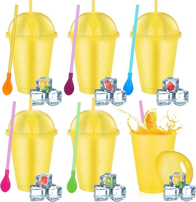 6 Set Slushie Cups with Dome Lids and Straws Detachable Spoon Straws Reusable Plastic Iced Coffee Cups Smoothie Tumbler for Birthdays Summer Party Supplies(Yellow,16 oz)