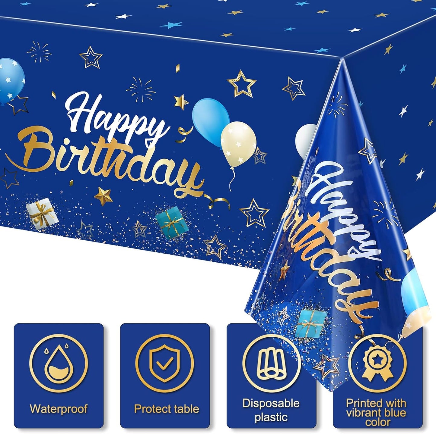Tegeme Navy Blue Party Supplies Stars Happy Birthday Tablecloths Starry Confetti Table Covers for Kids Boys Girls Baby Shower Birthday Party Decorations(Navy Blue and Gold,2 Pack)