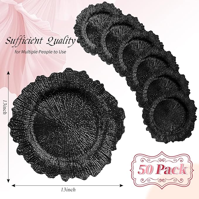 50 Pack Black Charger Plates Bulk, 13" Plastic Reef Chargers for Dinner Plates, Round Charger Plate with Floral Reef Design for Dinner Wedding Party Table Setting Decoration