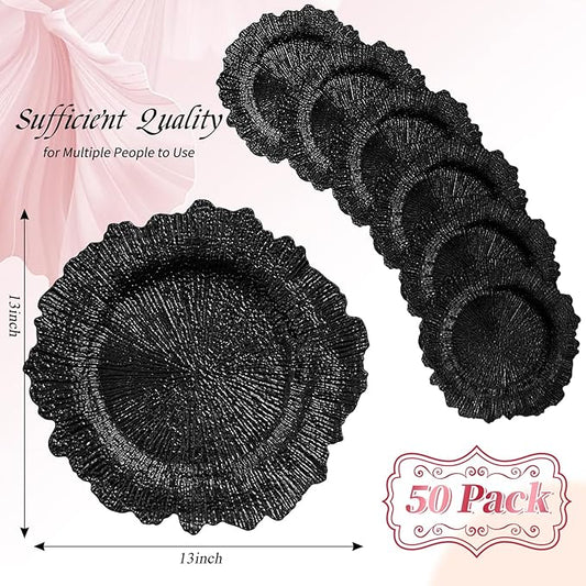 50 Pack Black Charger Plates Bulk, 13" Plastic Reef Chargers for Dinner Plates, Round Charger Plate with Floral Reef Design for Dinner Wedding Party Table Setting Decoration