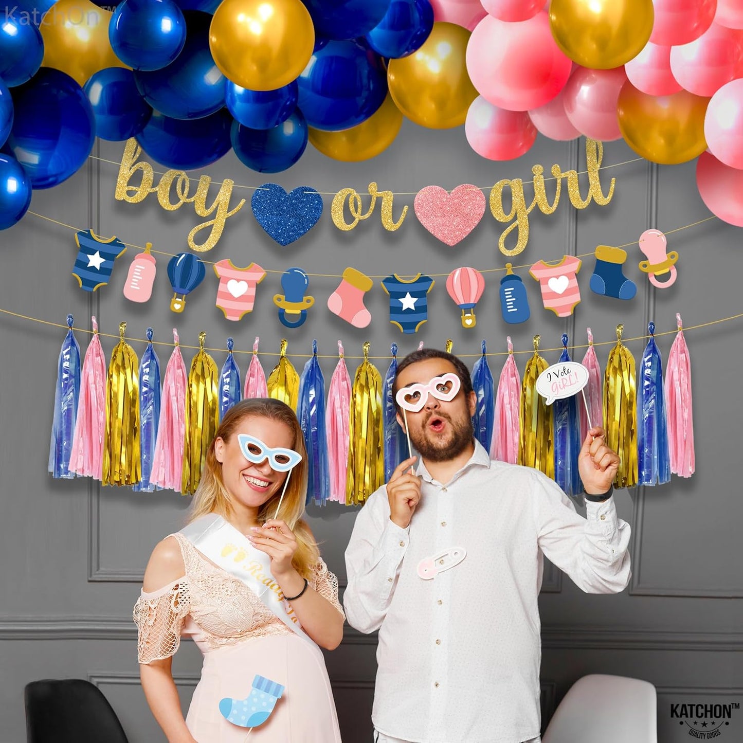 KatchOn, Boy or Girl Gender Reveal Decorations set - Pack of 68 | Boy or Girl Gender Reveal Banner, Baby Shower Decorations | Blue and Pink gender reveal Balloon Arch Kit, Boy or Girl Sign Banner