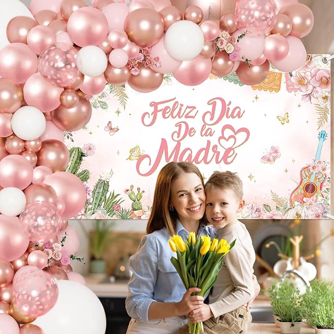 MEHOFOND Feliz Día De La Madre Decorations 107Pcs Mexican Mother's Day Balloons Set, Rose Gold Floral Feliz Dia Mama Love You Mom for Best Mom Ever Mothers Day Party Supplies